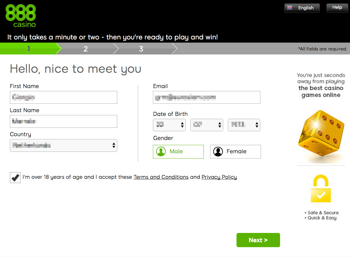 888casino Website Registration - Step 1