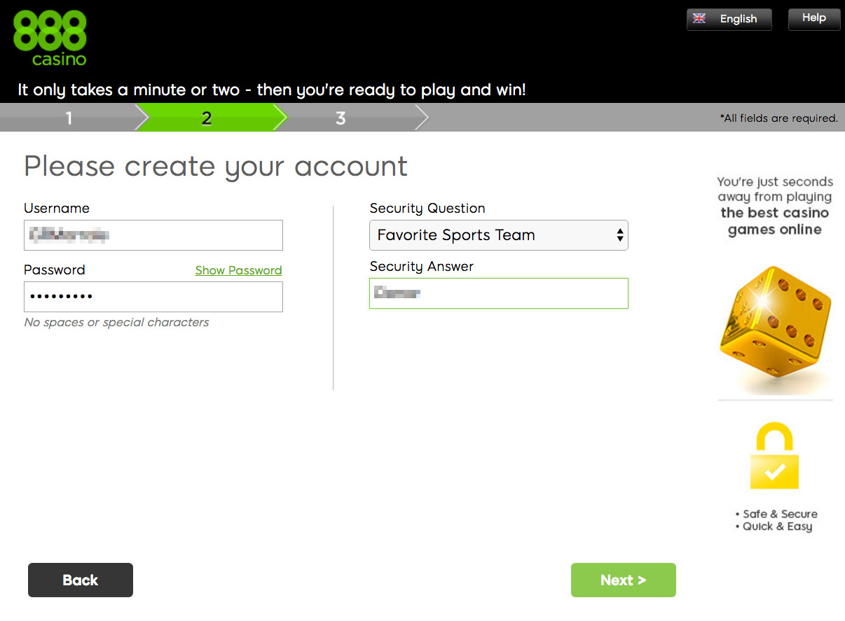 888casino Website Registration - Step 2