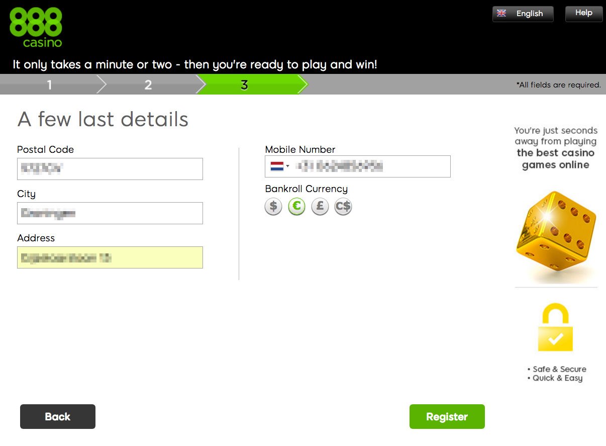 888casino Website Registration - Step 3