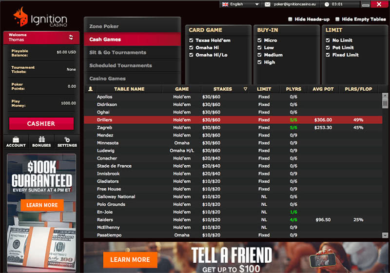 Ignition Casino Poker Lobby